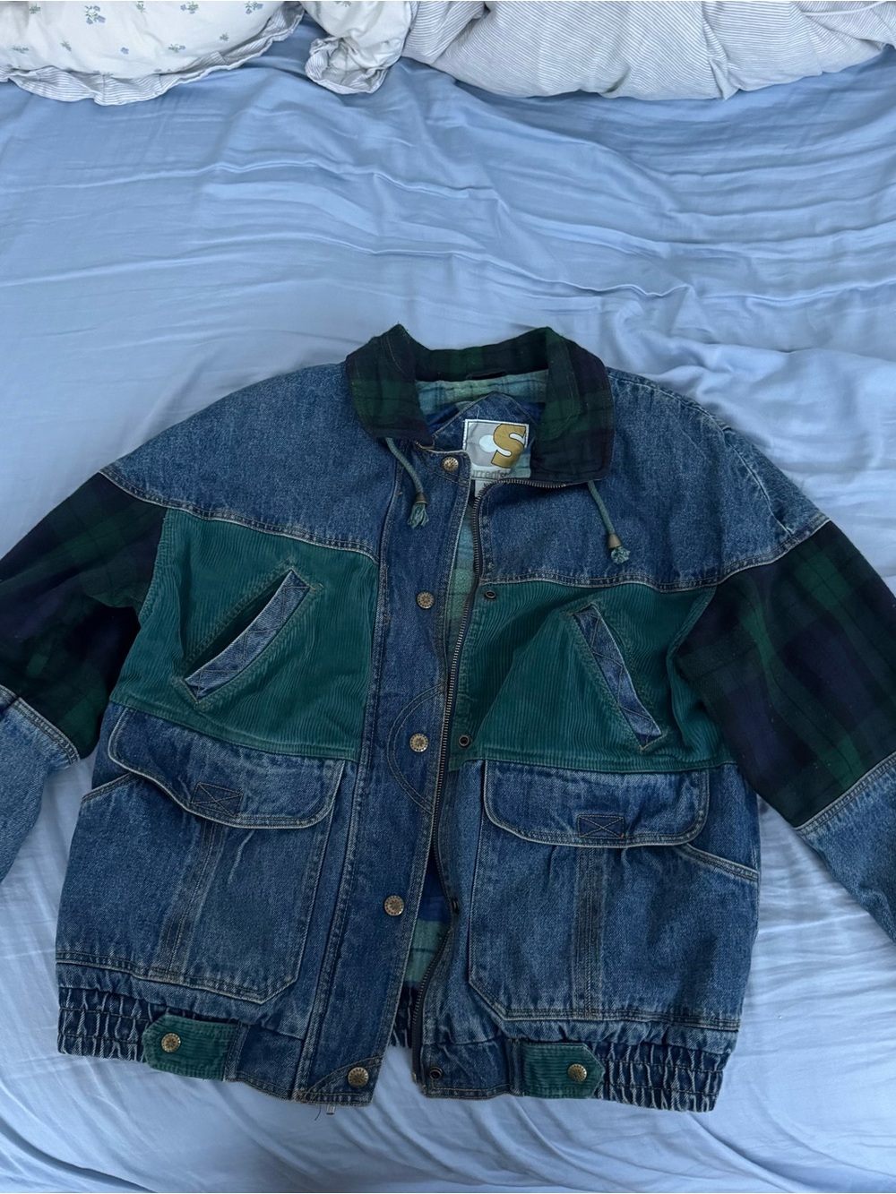 Current Seen denim jacket with green plaid and corduroy details, size M
